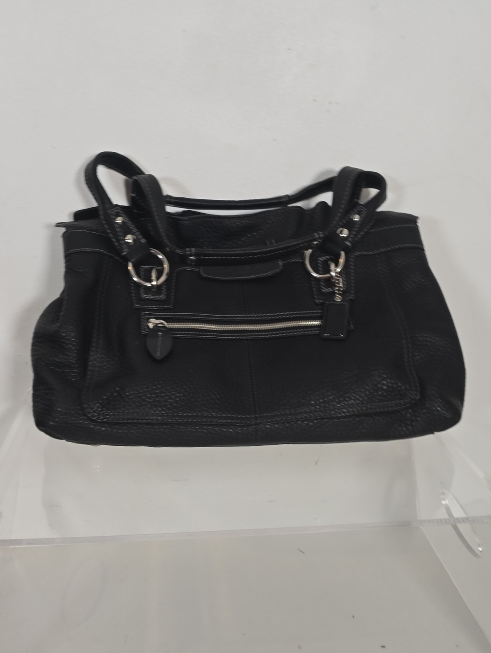Coach Black Pebbled Leather Shoulder Bag with Silver Accents